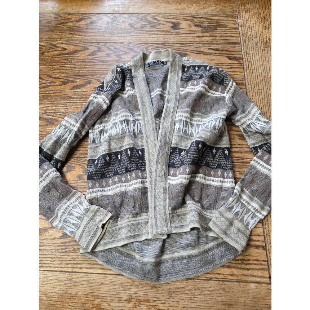 Peruvian Connection Gray Brown Aztec Print Open Front Cardigan Womens Size Small